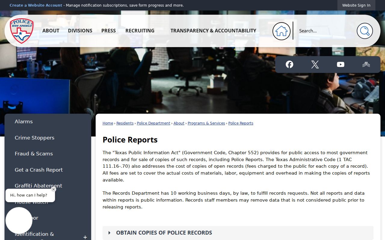 San Angelo police record request methods and report fees