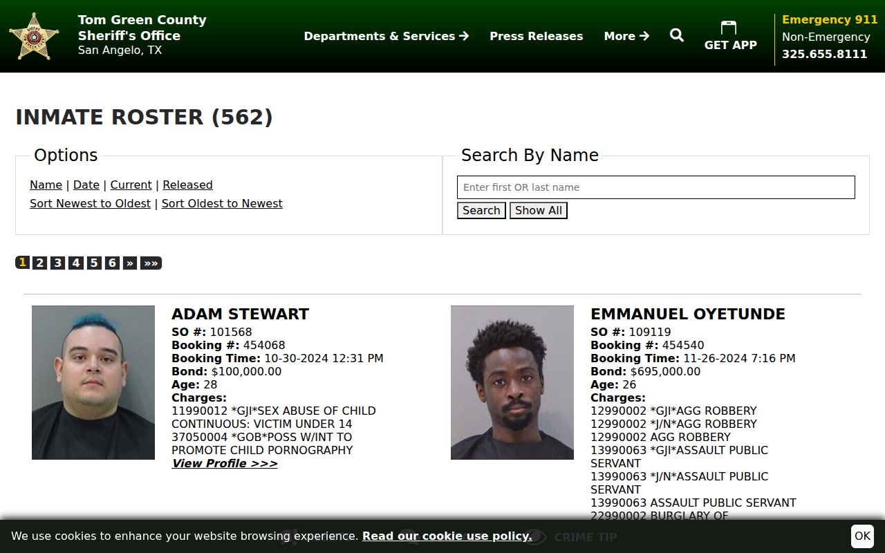 Tom Green County arrest and booking roster search interface