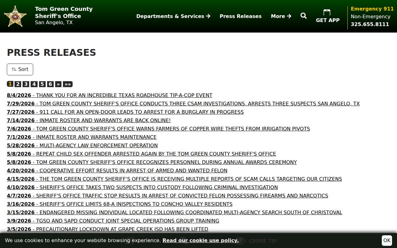 Tom Green County arrest related Sheriff press release index