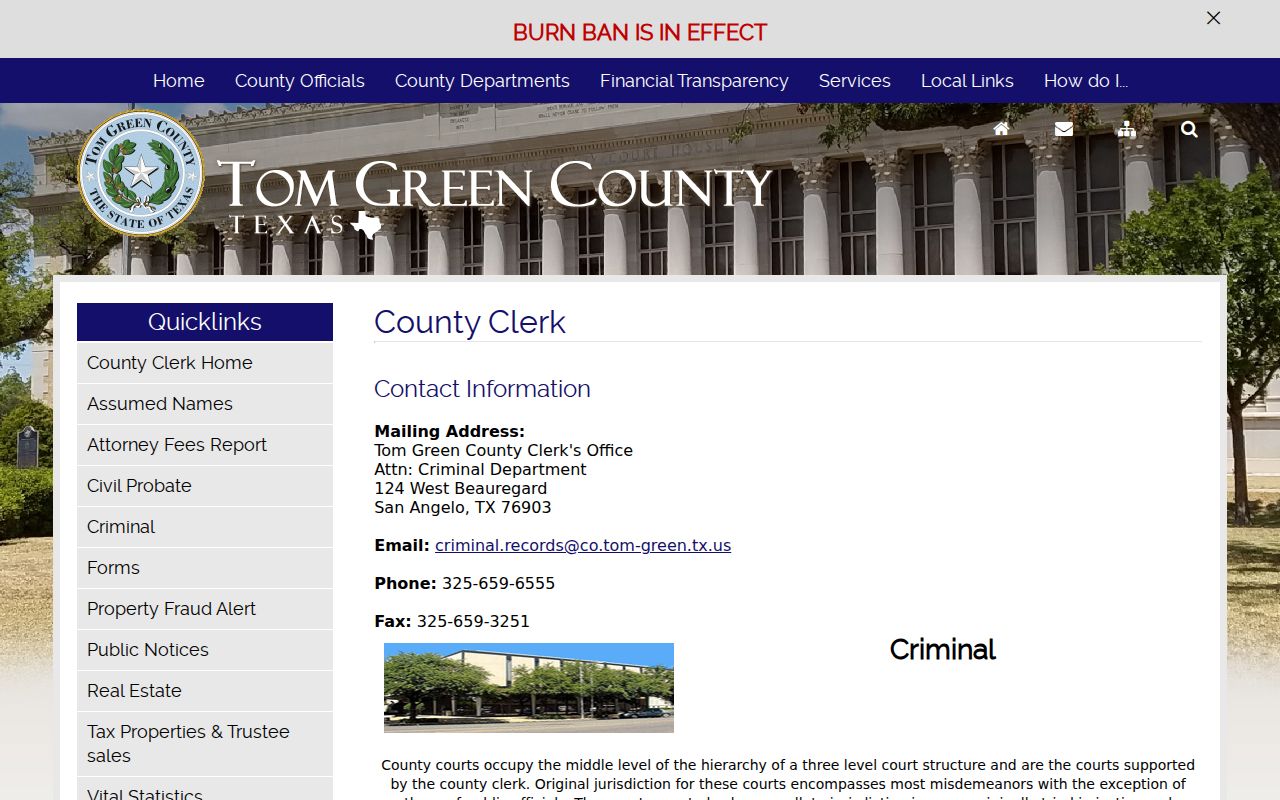 Tom Green County criminal court misdemeanor records contact panel