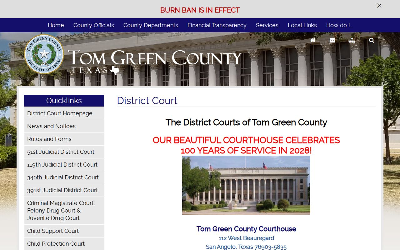 Tom Green County criminal court courthouse and four district court list