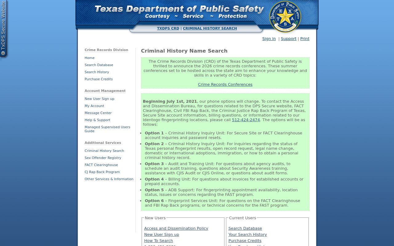 Tom Green County criminal history search through the Texas DPS portal