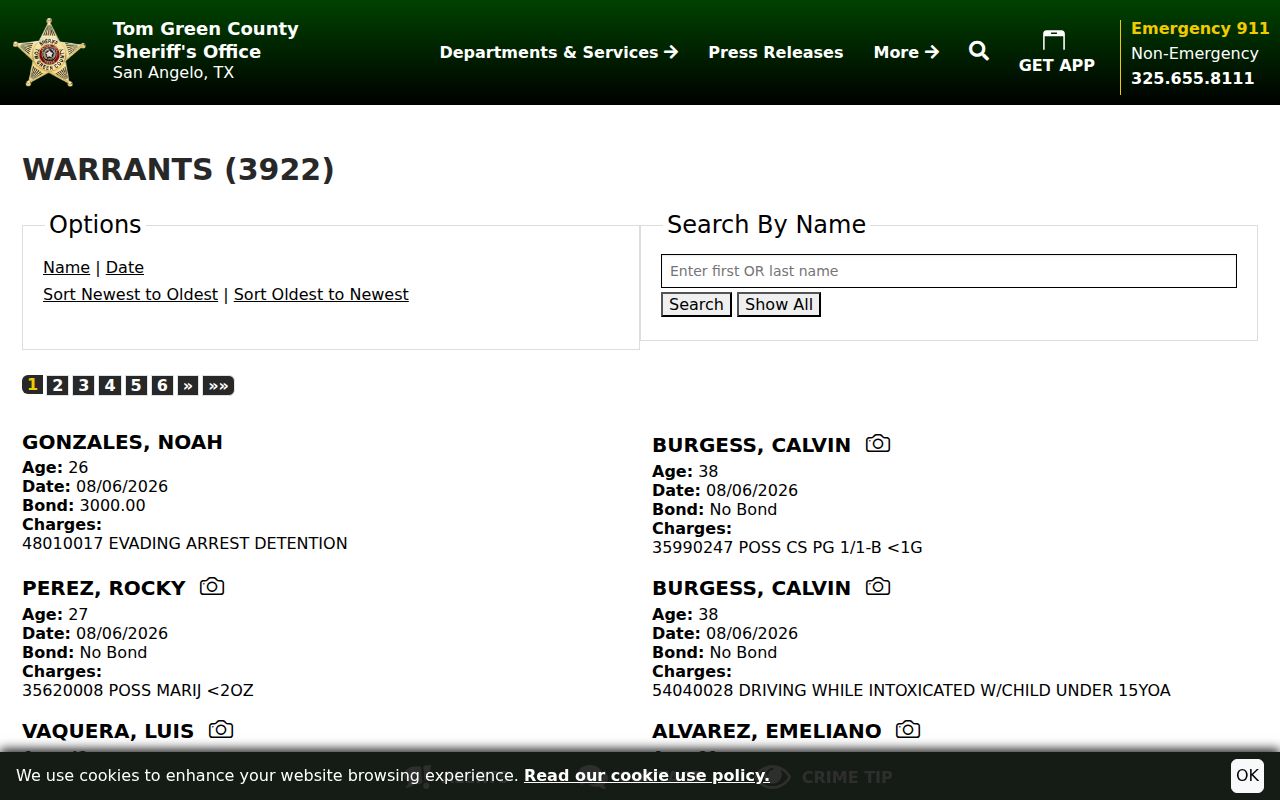 Tom Green County criminal warrant search on the sheriff website
