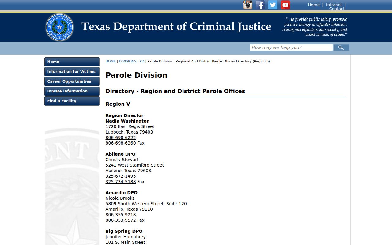 TDCJ parole office directory for Tom Green County criminal supervision records