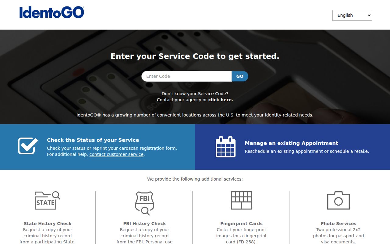 IdentoGO FAST appointment page for Tom Green County criminal record review