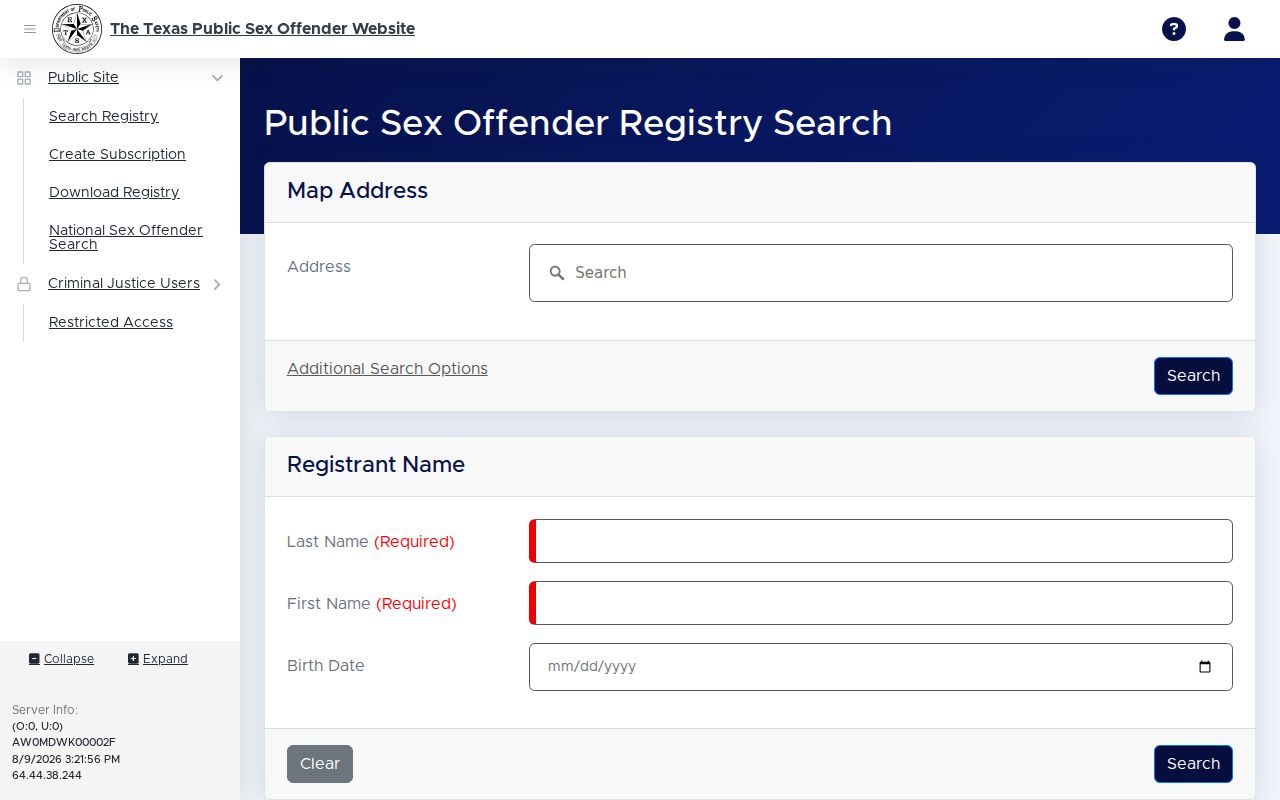 Texas registry search form for a Tom Green County sex offender lookup