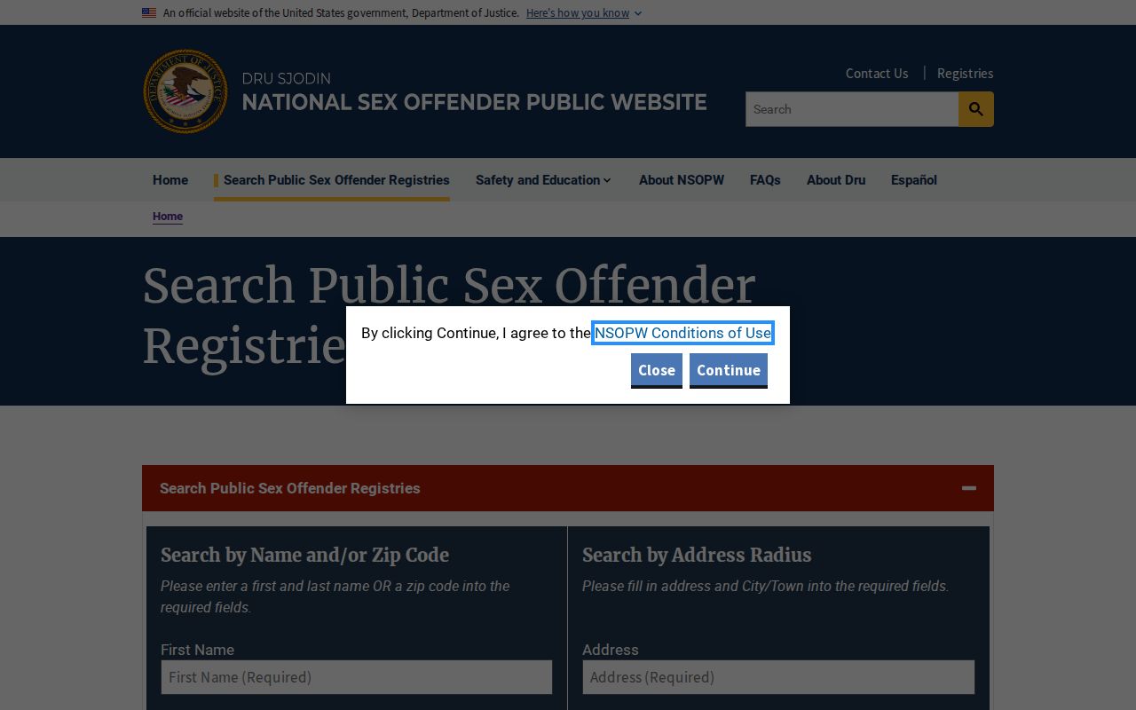 National registry search fields for checking Tom Green County sex offender records across states
